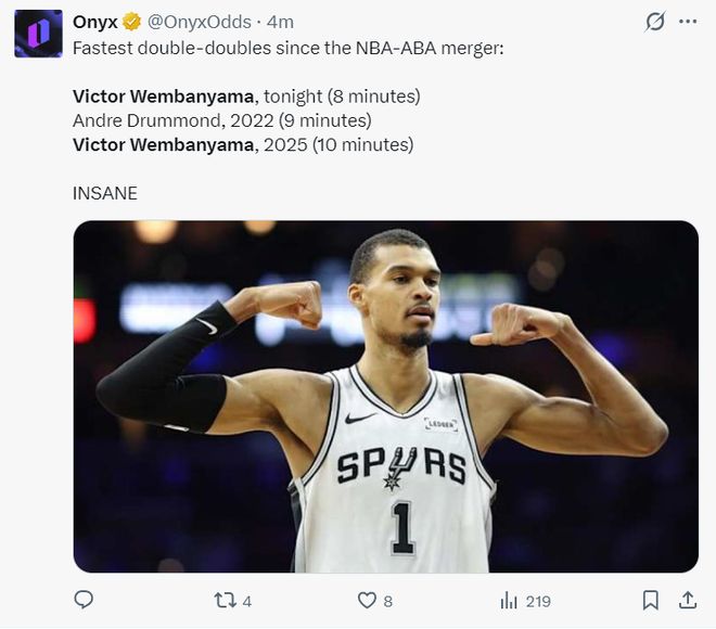 文班亚马20分钟砍30+10创纪录 马刺大胜公牛登顶积